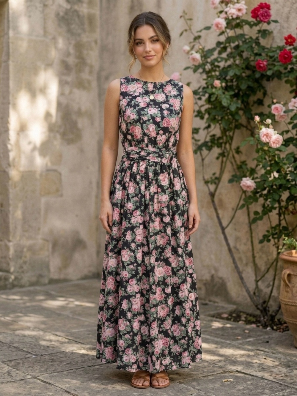 Eileen West Black Maxi Dress with Pink Floral Print